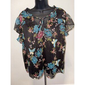L C Lauren Conrad Top Blouse Women XXL Semi Sheer Built In Camisole Floral Black